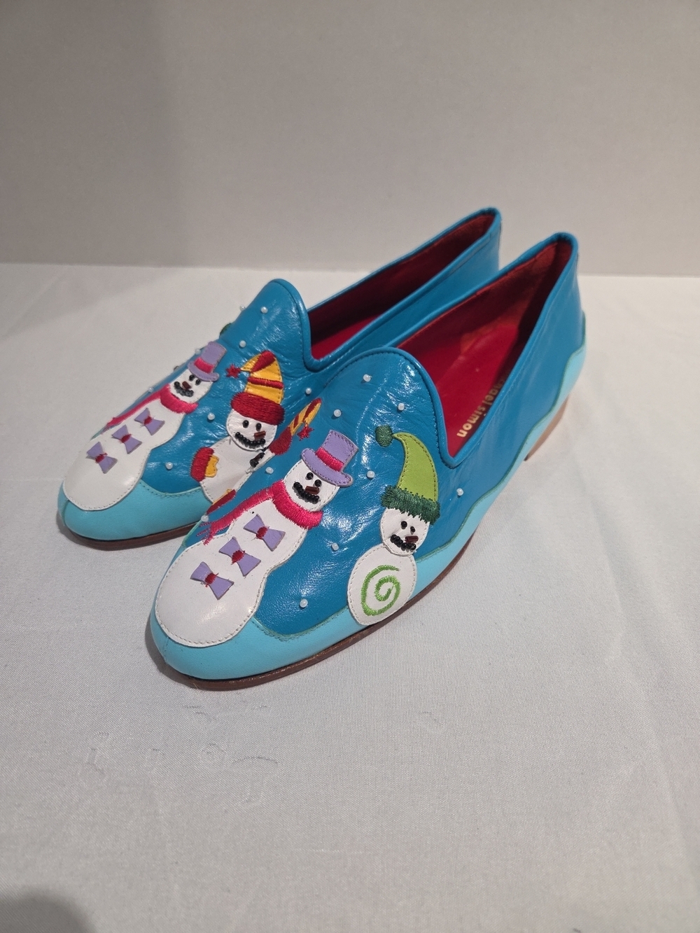 Michael Simon Blue Leather Snowman Embroidered Holiday Loafers Flats Womens 7.5M